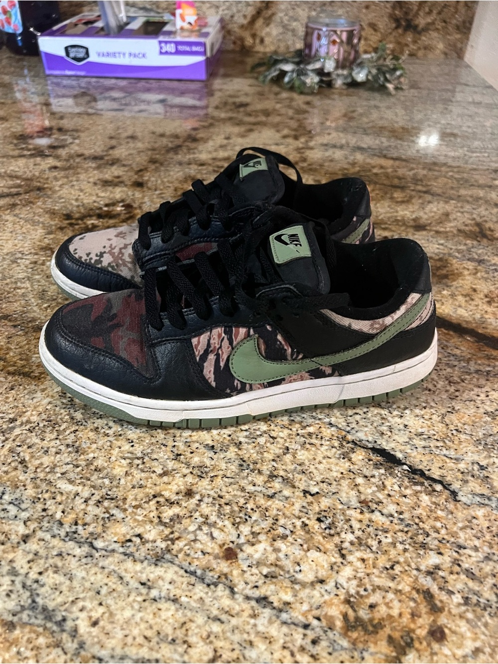 Nike Kids Camo Low-Top Sneakers in Black & Olive Green